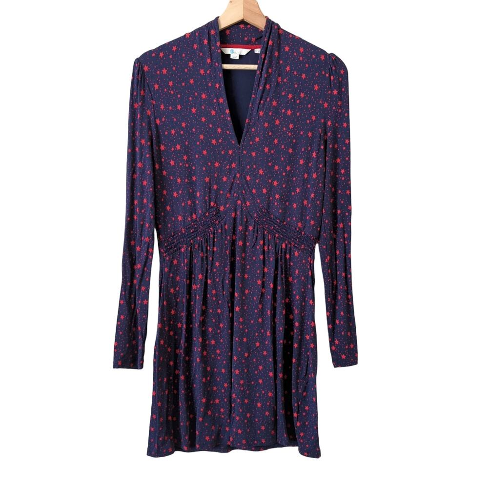 Boden Betty Jersey Star Print Tunic Dress Long Sleeve Stretch Soft Blue Red US 8